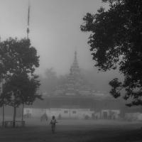 Monastery in a foggy morning